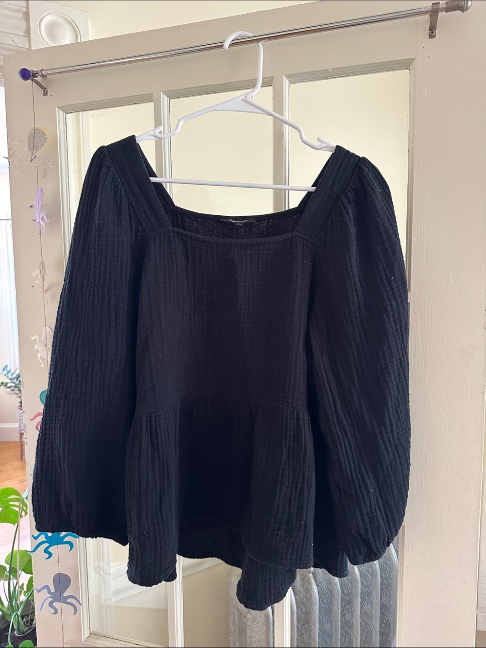 Madewell Black Square-Neck Peplum Blouse with Balloon Sleeves